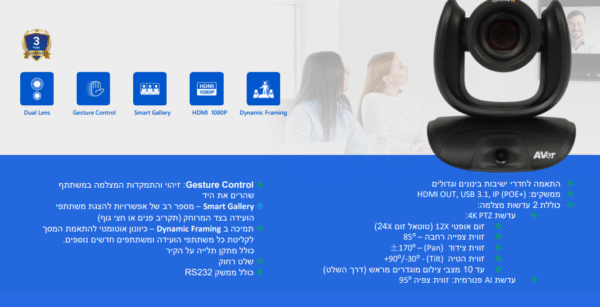 ⁦מצלמת AVer CAM550 4K עדשה כפולה PTZ⁩ – תמונה ⁦2⁩